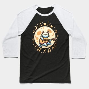 Cool and Cute Cat Playing Guitar under the Moon design Baseball T-Shirt